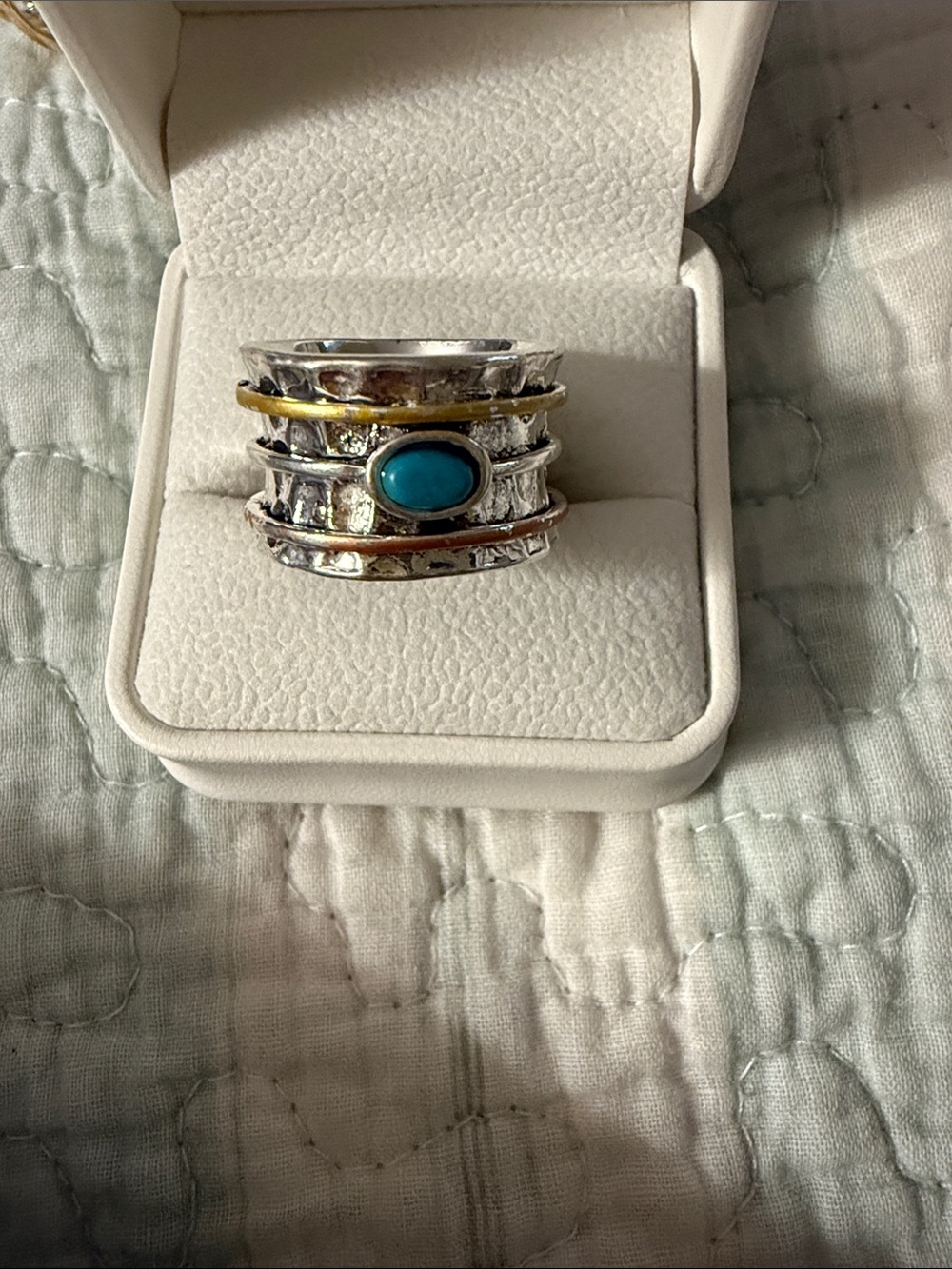 Turquoise Accent Multi-Band Silver Ring - Women Jewelry